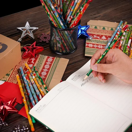 Vista 3 de Kolewo4ever 100 Piezas Lápices de Navidad Lápices de Madera Navideños con Gomas de Borrar en las Puntas Muñeco de Nieve, Papá Noel y Alce Surtido