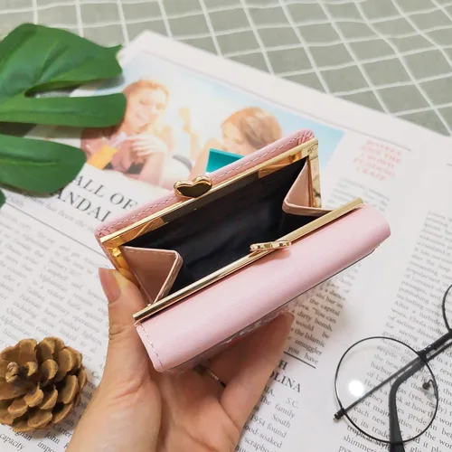 Vista 5 de Monedero con estampado de frutas para mujer, monedero de tres pliegues con múltiples tarjetas, Rosado