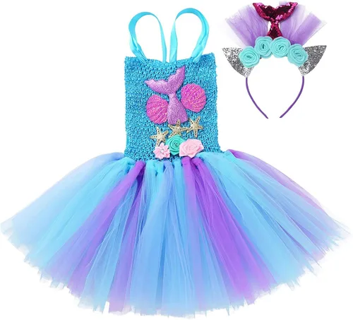 Vista 3 de Freebily Disfraz de princesa de sirena para cumpleaños cosplay fiesta disfraz de arcoíris de malla tutú vestido de aro para el pelo