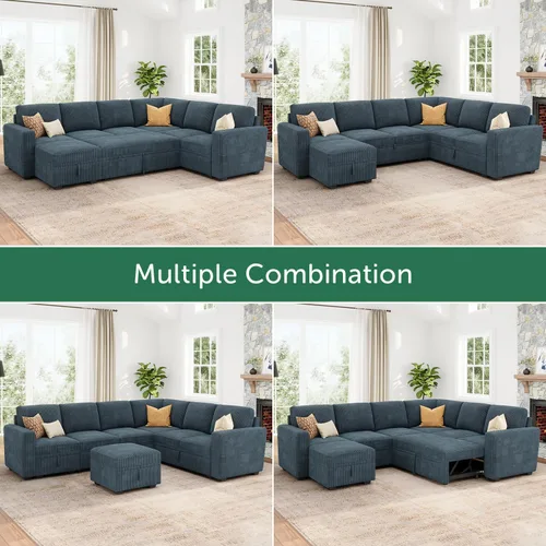Vista 6 de HONBAY Sofá cama modular, sofá cama modular de pana extraíble con almacenamiento, sofás seccionales en forma de U para sala de estar, color azul