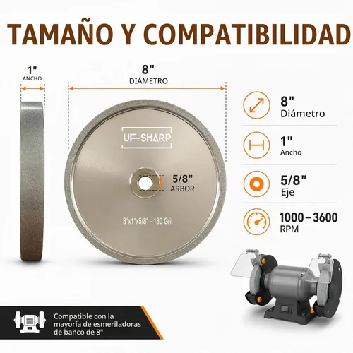 Vista 5 de Rueda de molienda CBN UF-SHARP de 8 pulgadas, grano 80, 1" de ancho, eje de 5/8", adecuada para todo tipo de amoladoras de banco de 8 pulgadas