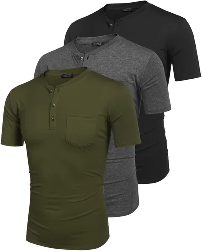Vista 4 de COOFANDY Paquete de 3 camisetas Henley de manga corta para hombre, estilo casual, básicas, de verano, con bolsillo