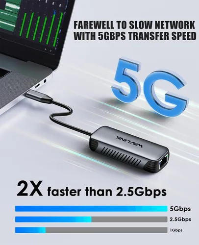 Vista 4 de WAVLINK Adaptador USB C a Ethernet de 5 Gbps, convertidor de red USB-C a RJ45 de 5000 Mbps, carcasa de aluminio para Windows, Mac OS, iPad OS y más