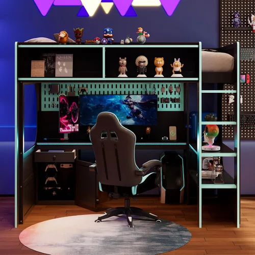 Vista 3 de Harper & Bright Designs Cama loft para juegos con escritorio integrado y luces LED, marco de cama de madera tamaño individual con cajón