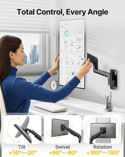 Vista 5 de monTEK Brazo de monitor de montaje en pared ultra ancho para pantallas de 17 a 49 pulgadas, soporte de monitor individual resistente de hasta 44