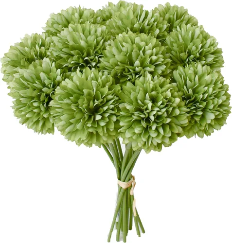 Vista 33 de Mandy's 6 tallos de seda beige Kiku flores de bola Tallos artificiales de crisantemo para decoración del hogar, verano, arreglo floral sintético