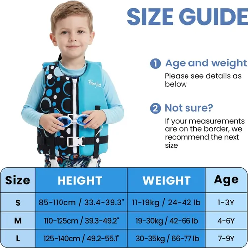 Vista 5 de Boglia Chaleco de natación para niños, chaqueta flotante para niños y niñas 20-30-40-50-60-70-80 libras, 1-9 años, cremallera, cinturones