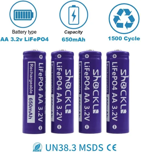Vista 4 de Shockli - Batería solar Shockli AA 3.2V LiFePo4 650mAh, pilas solares recargables AA de 3.2 voltios para luz de jardín al aire libre