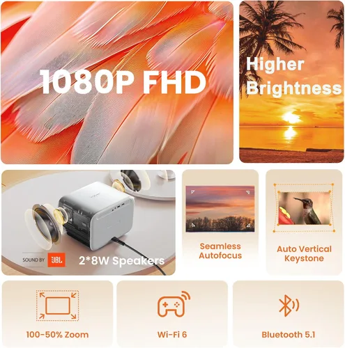 Vista 9 de [Sonido de JBL y alto brillo] Proyector Yaber con WiFi y Bluetooth, enfoque automático/corrección Keystone, proyector de película de sonido 3D