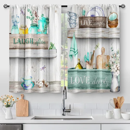 Vista 24 de Aimego Cortinas de Cocina de Eucalipto Primaveral - Hojas de Plantas de Acuarela Floral Azul con Cortinas de Nivel Botánico Floral para Cafetería