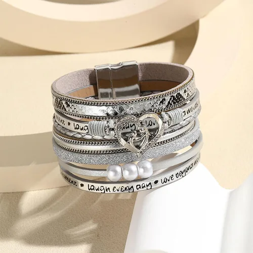 Vista 2 de Long tiantian Pulsera de cuero para mujer, pulsera de cuero moderna con corazón de perlas, bohemia, multicapa, joyería con cierre, pulsera de regalo