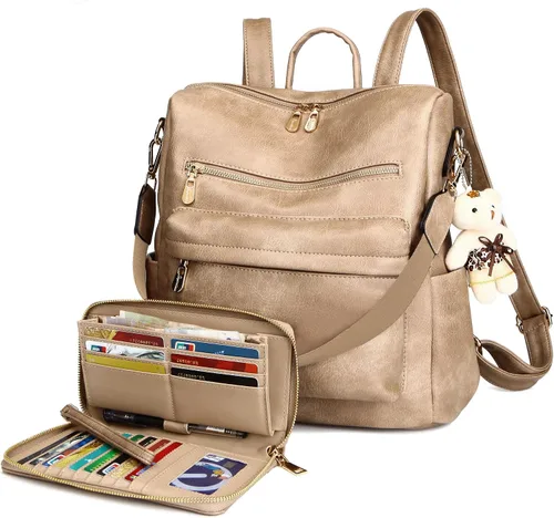 Vista 14 de Soperwillton Bolso de mochila para mujer. Bolsos de mano con diseño multiusos. Bolsa de hombro de cuero sintético. Bolsa de viaje. Juego de 2