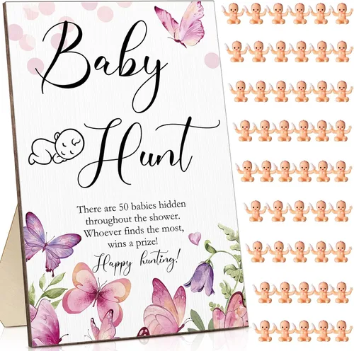 Vista 8 de Roowest Los juegos de baby shower de 51 piezas incluyen letrero de caza de madera, 50 mini juegos de plástico para baby shower, revelación