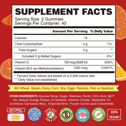 Vista 5 de Gomitas veganas con vitamina B12 D3, sabor a naranja, 90
