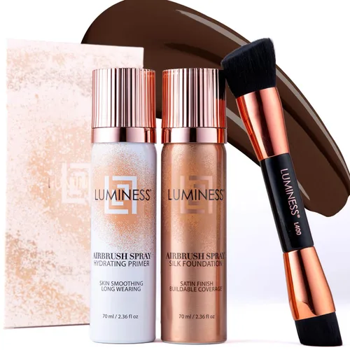 Vista 12 de LUMINESS Silk Airbrush Spray Foundation Kit de 3 piezas – base, prebase y brocha de maquillaje en ángulo de doble cara – Cobertura modulable