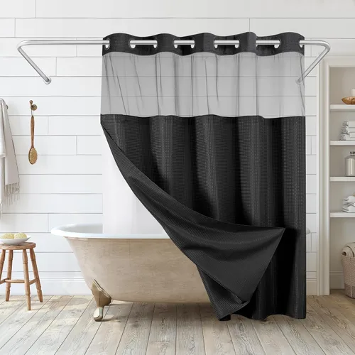 Vista 7 de Americanflat 72x75 cortina de ducha sin gancho con patrón de gofres - Cortina de ducha larga resistente al agua con panel transparente, forro