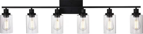 Vista 17 de MELUCEE Aplique de pared negro industrial vintage de 2 luces con pantalla de vidrio transparente y base de metal, luces de tocador de baño, apliques