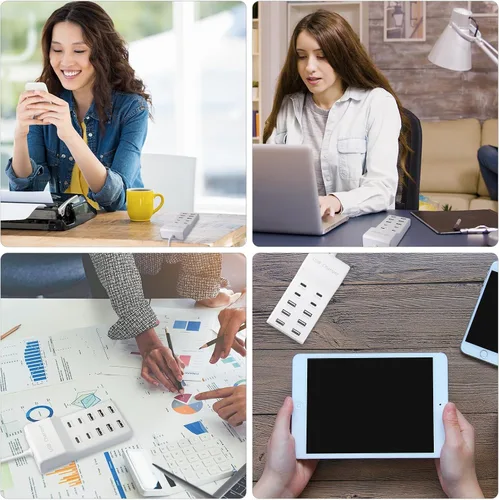 Vista 8 de Bloque de estación de carga USB con 10 puertos (6 puertos USB-A y 4 puertos USB-C), tira de alimentación USB para teléfono inteligente, tableta