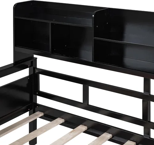 Vista 8 de Sofá cama de tamaño individual con cajones, sofá cama individual de madera con estante de noche, soporte de listones de madera, espresso