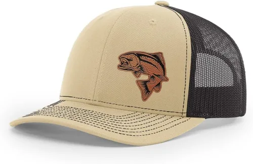 Vista 32 de Sombrero de pesca de salmón con parche de cuero grabado láser Richardson 112 Snapback Trucker Cap