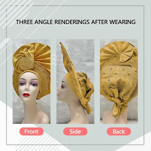 Vista 2 de Diadema de lujo nigeriana Aso Oke, tocados africanos para mujeres, diademas para cabeza, turbante, gorro de gel automático, pañuelo para fiesta