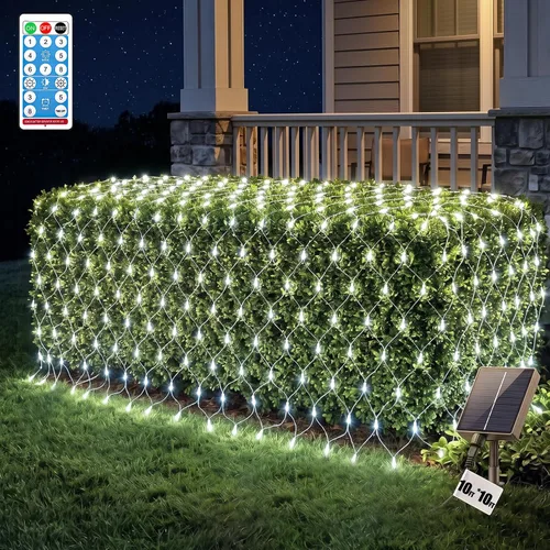 Vista 10 de LitHome Red solar de 11.5 x 5 pies, impermeable, 240 luces LED solares y USB, control remoto, 8 modos de luz de malla para arbustos, jardín, césped