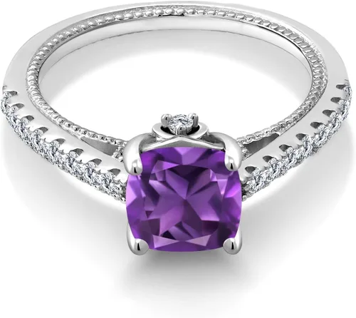 Vista 3 de Gem Stone King Anillo de compromiso de plata de ley 925 con cojín de 7MM, piedra natal de gema y zafiro blanco creado para mujer Anillo