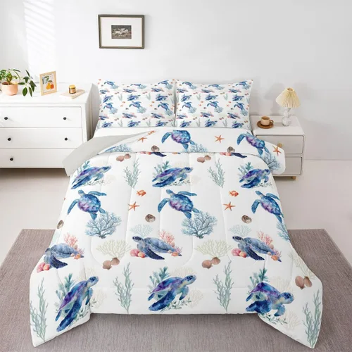 Vista 42 de Erosebridal Blue Ocean - Juego de edredón tamaño individual Juego de ropa de cama de ballena delfín y tortuga marina para niños y niñas, juego