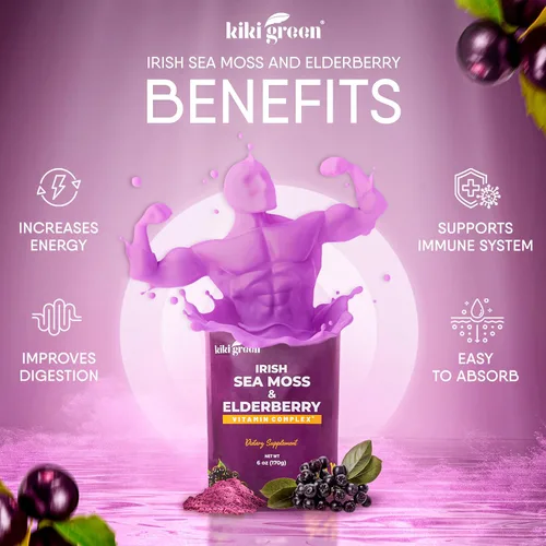 Vista 3 de KIKI Green Polvo de musgo marino con saúco – Mezcla multivitamínica vegana de superalimentos – para impulso inmunológico y apoyo – Añadir a