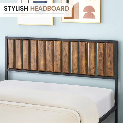Vista 4 de IDEALHOUSE Base de cama Queen con cabecera de madera, marco de cama de metal con plataforma Queen con 14 listones de acero resistente, más