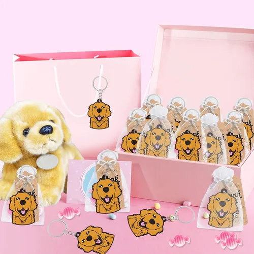 Vista 4 de CiciBear Paquete de 24 llaveros Golden Retriever para decoración de fiesta para cachorros Golden Retriever, animales de mascota, Let's Pawty, amante