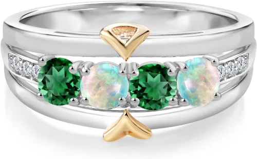 Vista 2 de Anillo de 4 piedras de plata de ley 925 y oro amarillo de 10 quilates, color verde, nanoesmeralda blanco simulado ópalo y diamante cultivado