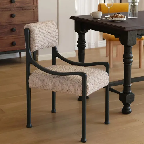 Vista 6 de sillas de comedor Silla de comedor retro de madera con respaldo tapizado y asiento curvos reposabrazos cocina moderna