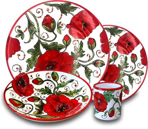 Vista 7 de Mantequillera de cerámica italiana con tapa Diseño de amapolas rojas - Mantequilla pintada a mano de 8 x 5 pies - Hecho en Italia Toscana - Soporte