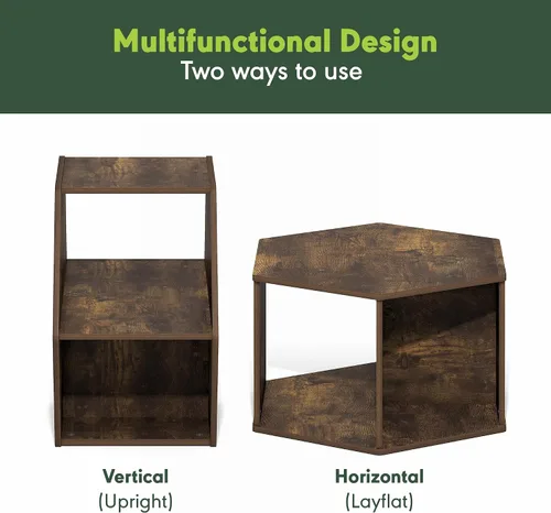 Vista 4 de Furinno - Mesa de café de diseño simple, mesa de café moderna hexagonal con estante abierto, mesa auxiliar vertical u horizontal, para sala de Pino