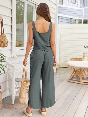 Vista 2 de AUTOMET 2 Piece Summer Outfits for Women Casual Lounge Matching Sets Linen Crop Top Long Pants 2024 Fashion Clothes
