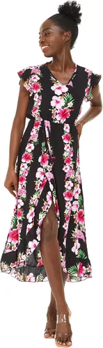 Vista 2 de Camisa hawaiana Luau o vestido cruzado con volantes en color rosa y negro hibisco vid