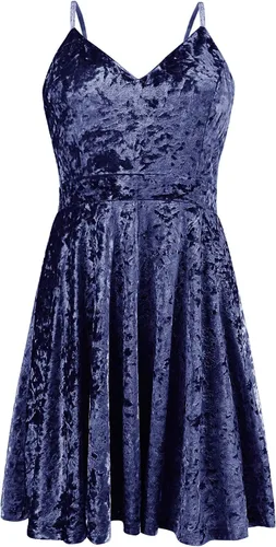 Vista 5 de R.Vivimos - Vestido sexy para mujer con tirantes delgados, de terciopelo aplastado, cuello en V, plisado y con vuelo, estilo patinadora