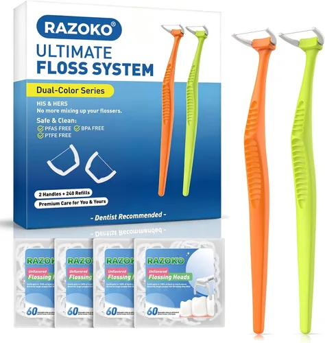 Vista 7 de RAZOKO Kit de hilo dental de mango largo (1 mango verde + 120 recambios) Púas de hilo dentales extra fuertes resistentes a la rotura para dientes