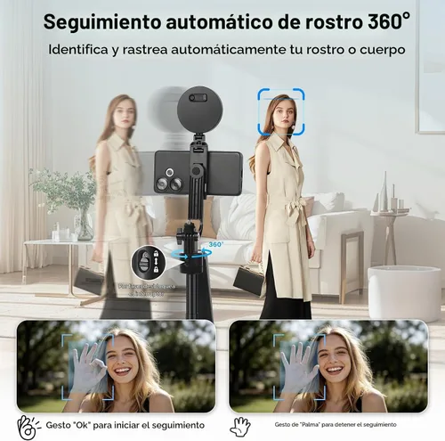 Vista 2 de Trípode de seguimiento automático de cara de 70.9 pulgadas para iPhone con luz, rotación de 360 grados que sigue tu movimiento, trípode de teléfono