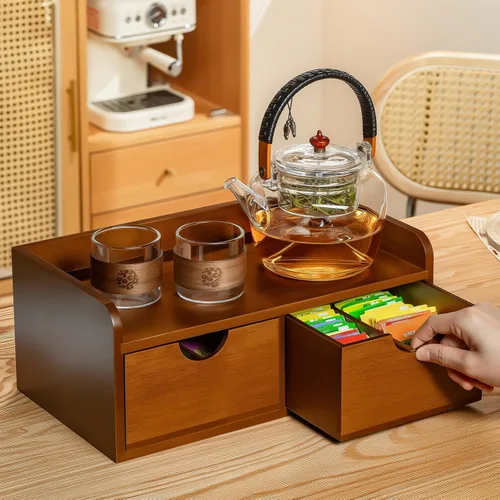 Vista 3 de Organizador de bolsas de té de madera de acacia con cajón, organizadores