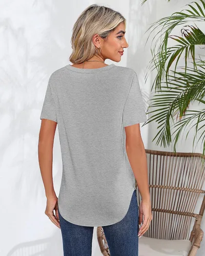 Vista 4 de Ficerd Paquete de 2 camisetas con cuello en V para mujer, manga corta o larga, camisetas básicas de verano casuales con dobladillo sólido