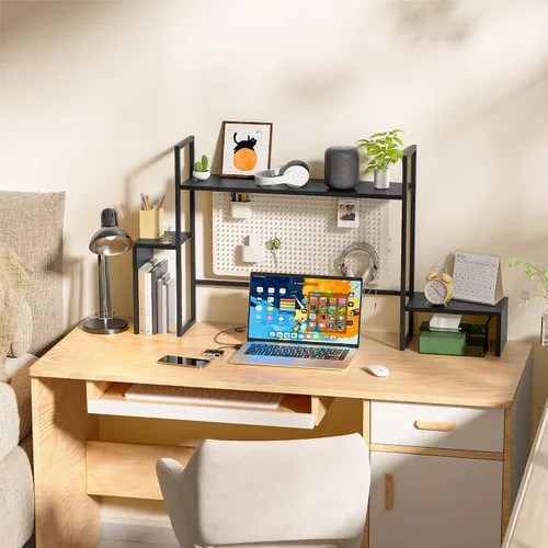 Vista 7 de WelFurGeer Organizador de Estante de Escritorio LED con Tira de Luz RGB, Estante de Escritorio de 2 Niveles para Monitor de Computadora, Marco