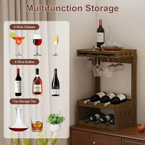 Vista 3 de Estante de vino para encimera con copas de vino, capacidad para 6 botellas Marrón