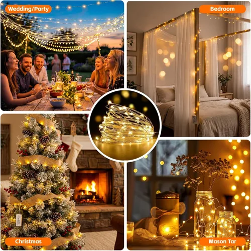 Vista 8 de Paquete de 4 50 luces LED que funcionan con pilas con temporizador de bricolaje, cadena de luces recargables de 16 pies para interiores, 8 modos