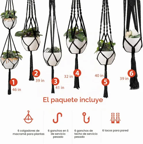 Vista 3 de Feedee Ganchos de macramé para plantas, paquete de 6, color negro, interior/exterior, algodón
