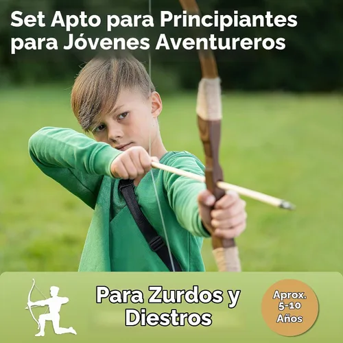 Vista 2 de BOWRILLA® Arco y flecha de madera para niños con 10 flechas, carcaj, 3 objetivos y bolsa de almacenamiento Juego de arco y flecha para niños