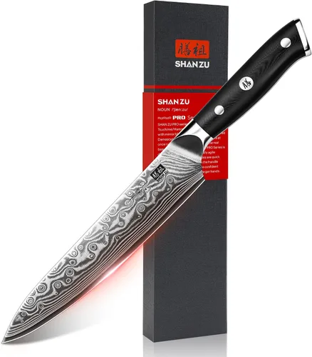 Vista 8 de Cuchillo de pan SHAN ZU de 8 pulgadas, cuchillo japonés de acero de Damasco con hoja ondulada serrada, cuchillo profesional afilado de acero super