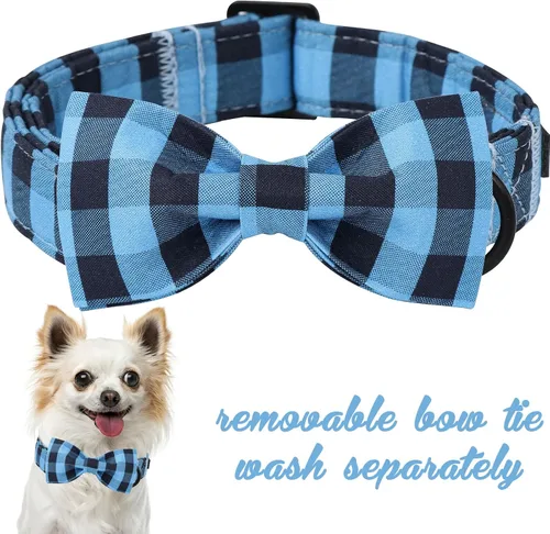 Vista 2 de Unique style paws Collar de perro de algodón con lazo, collar para cachorro con cuadrícula negra y azul para perros pequeños, medianos y grandes