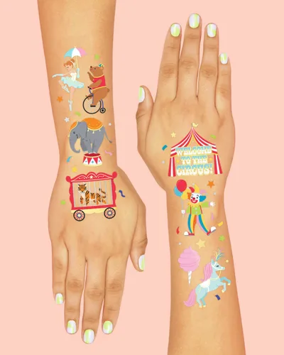 Vista 4 de xo, Fetti Tatuajes temporales para fiesta de circo – 42 estilos de lámina dorada y plateada Suministros para fiesta de cumpleaños de circo